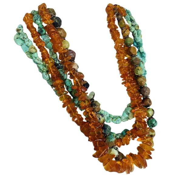 M Salazar Amber Turquoise Necklace 19" 925 Sterling Silver Native American Heavy - Picture 12 of 16